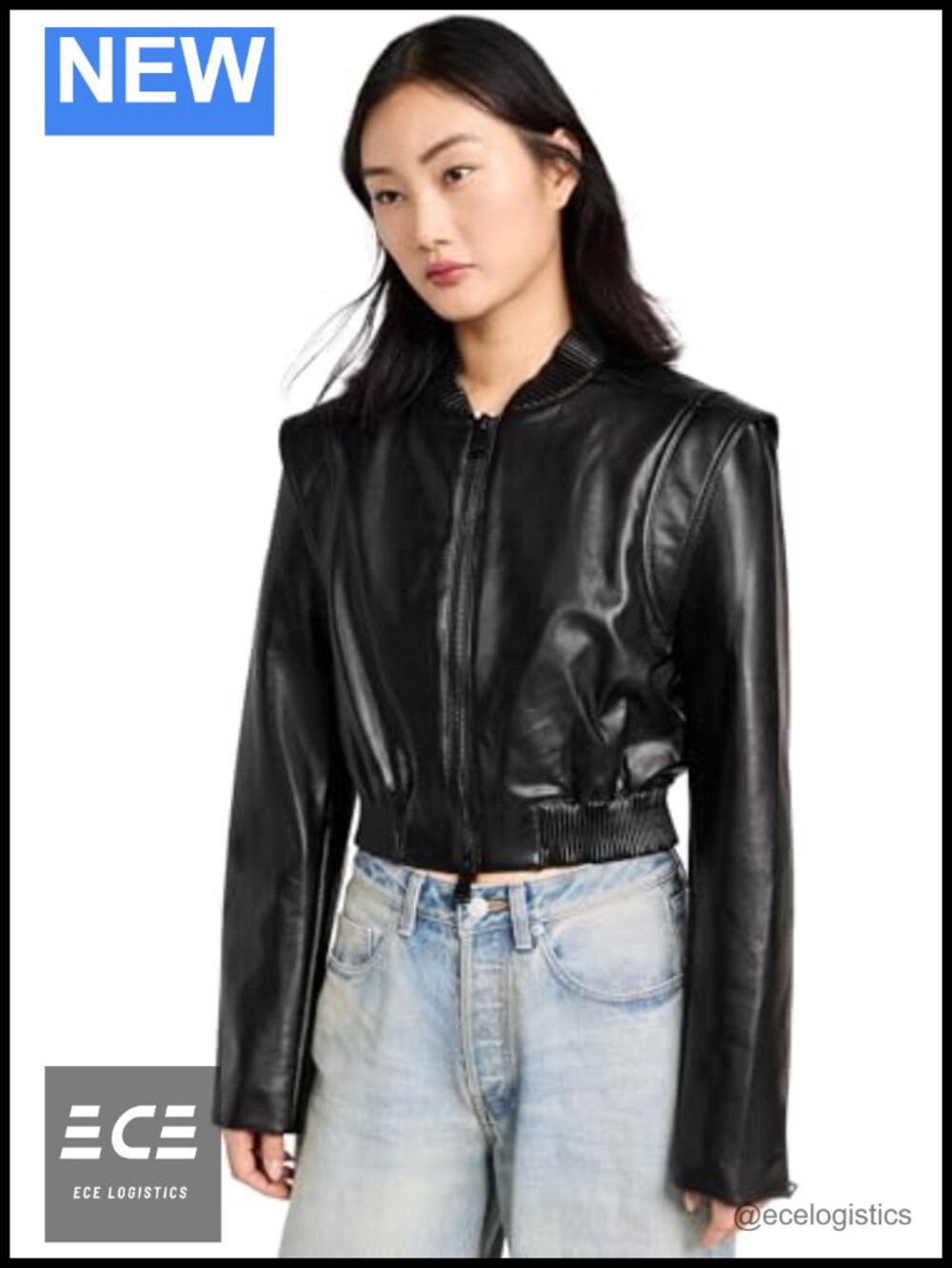 Luxe Vegan Leather Boxy Bomber Jacket Ribbed Edges Long Sleeve